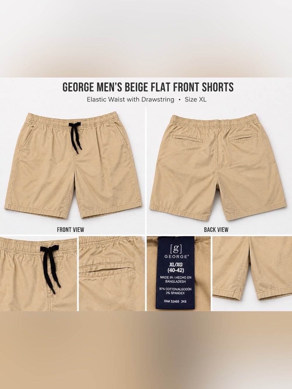 George Men's Beige Flat Front Shorts elastic waist with drawstring size XL